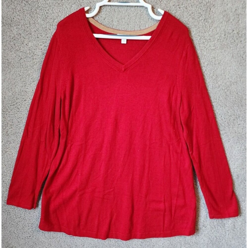 J Jill Women's Long Sleeve V Neck Lightweight Knit Sweater Top Solid Red Size L